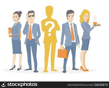 Vector illustration of a business team standing together in the center is the chief silhouette with a question mark on a white background