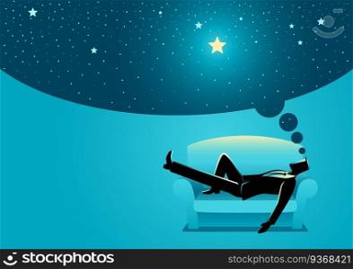 Vector illustration of a businessman daydreaming while sleeping on sofa