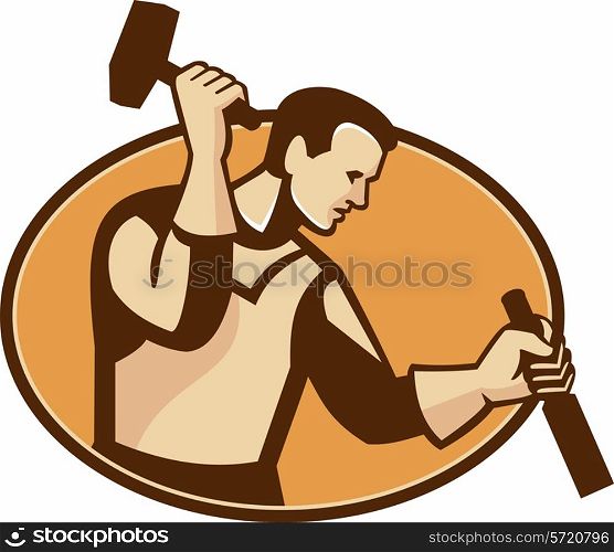 vector illustration of a carpenter sculptor worker with hammer and chisel set inside oval done in retro style.