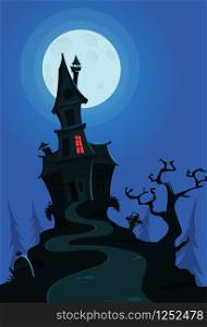 Vector illustration of a cartoon creepy haunted house on halloween night.