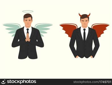 vector illustration of a cartoon devil and angel, good and bad choice, wings, horns and halo