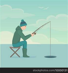 Vector illustration of a cartoon fisherman, man cath fish on fishing rod 