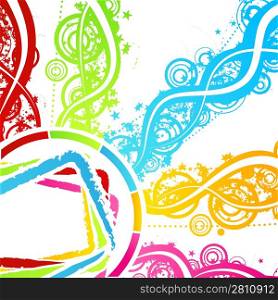 Vector illustration of a celebration background with colorful explosions of rainbow stars, circles and lined art.