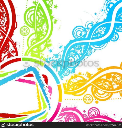 Vector illustration of a celebration background with colourful explosions of rainbow stars, circles and lined art.