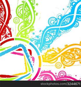 Vector illustration of a celebration background with colourful explosions of rainbow stars, circles and lined art.