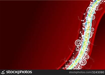 Vector illustration of a celebrative background with waved lined art, modern circles and a myriad of stars. Red horizontal.