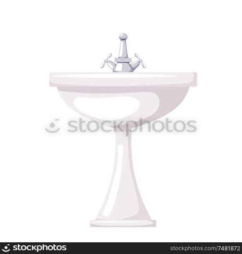 Vector illustration of a ceramic washbasin on a white background. Cartoon sink with faucet. Isolated object. care product. Attribute bathroom