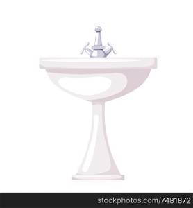 Vector illustration of a ceramic washbasin on a white background. Cartoon sink with faucet. Isolated object. care product. Attribute bathroom