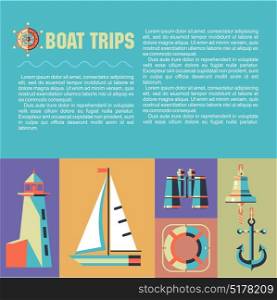 Vector illustration of a character set on the marine theme. The sailboat, lighthouse, anchor, binoculars, ship s bell, life buoy.