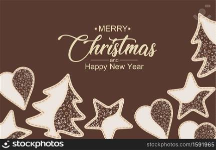 Vector illustration of a Christmas background. Christmas tree made of stars and Christmas decorations, ornaments. Happy Christmas greeting card.