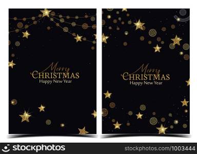 Vector illustration of a Christmas background. Merry Christmas card with golden stars. Gold decoration on blue background. Cheerful party and celebration. Christmas golden stars