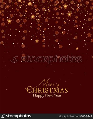 Vector illustration of a Christmas background. Merry Christmas card with golden stars. Gold decoration on red background. Cheerful party and celebration. Christmas golden stars