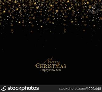 Vector illustration of a Christmas background. Merry Christmas card with golden stars. Gold decoration on black background. Cheerful party and celebration. Christmas golden stars