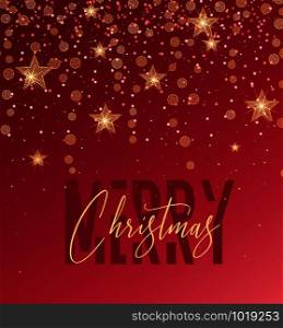 Vector illustration of a Christmas background. Merry Christmas card with golden stars. Gold decoration on red background