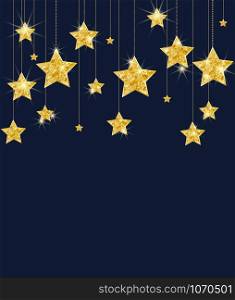 Vector illustration of a Christmas background. Merry Christmas card with golden stars. Gold decoration on blue background