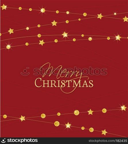 Vector illustration of a Christmas background. Merry Christmas card with golden stars. Gold decoration on red background. Christmas golden stars