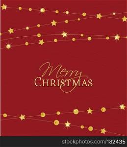 Vector illustration of a Christmas background. Merry Christmas card with golden stars. Gold decoration on red background. Christmas golden stars