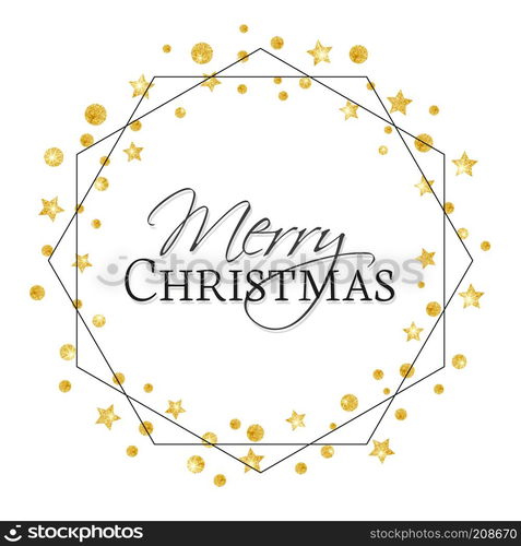 Vector illustration of a Christmas background. Merry Christmas card with golden stars. Gold decoration on white background. Christmas golden stars