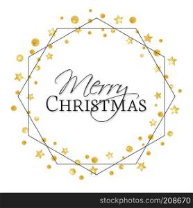 Vector illustration of a Christmas background. Merry Christmas card with golden stars. Gold decoration on white background. Christmas golden stars