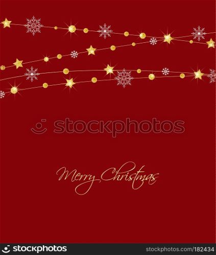 Vector illustration of a Christmas background. Merry Christmas card with golden stars and snowflakes. Gold decoration on red background. Christmas golden stars