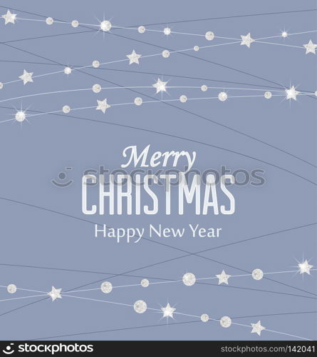 Vector illustration of a Christmas background. Merry Christmas card with silver stars. Decoration on blue background. Christmas silver stars