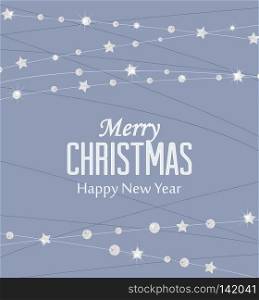 Vector illustration of a Christmas background. Merry Christmas card with silver stars. Decoration on blue background. Christmas silver stars
