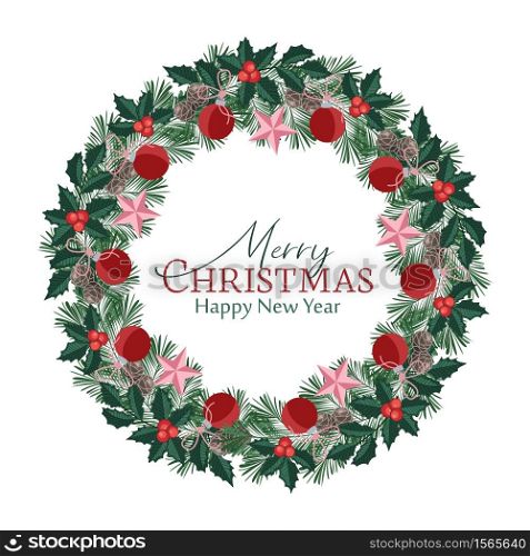 Vector illustration of a Christmas wreath with ornaments. Christmas balls in a branch with mistletoe. Christmas wreath with ornaments