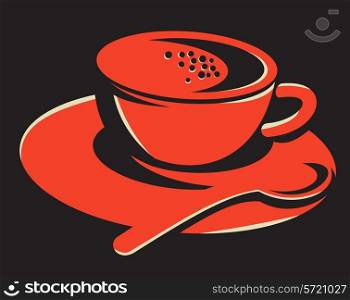 vector illustration of a coffee cup with bubbles and teaspoon spoon done in retro style on black background.. coffee cup bubbles spoon retro