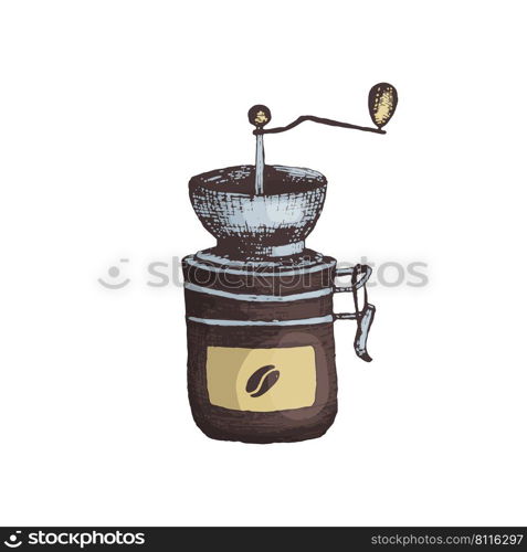 Vector illustration of a coffee grinder in engraving style. Manual coffee grinder, icon for menu or cafe