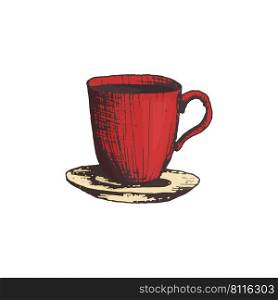 Vector illustration of a coffee mug in a freehand drawing style in color. Hot coffee mug icon for menu, logo or banner design