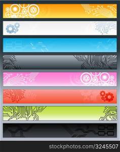 Vector illustration of a collection of eight technological web banners with circuitry patters and gearwork design elements.