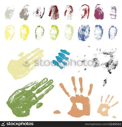 Vector illustration of a collection of grungy traced fingerprints and handprints. Color coded and highly detailed.
