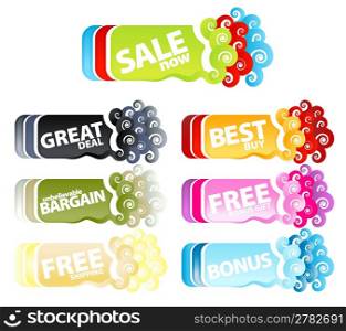 Vector illustration of a colorful collection of funky swirly retail tags or banners.