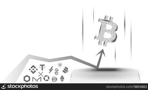 Vector illustration of a concept of the advantage of Bitcoin over altcoins on white background. BTC has overtaken all coins and is growing up. Wireframe Bitcoin symbol and up arrow.