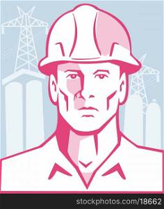 vector illustration of a Construction Engineer Worker wearing hardhat with pylon and buildings in background done in Retro style.. Construction Engineer Worker Hardhat