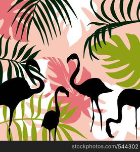 Vector illustration of a contour flamingo, tropical leaves, a color flat wallpaper, a pattern background