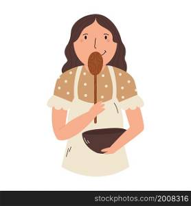 Vector illustration of a cook girl with wooden spoon and bowl. Female portrait in a modern flat style. Cute character design. Vector illustration of a cook girl with wooden spoon and bowl