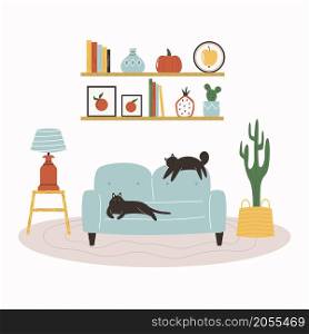 Vector illustration of a cosy living room with sofa, succulent, shelves. lamp and two black cats. Vector illustration of a cosy living room with sofa, succulent, shelves. lamp and two cats