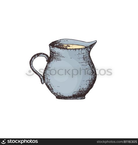 Vector illustration of a creamer for milk for tea or coffee drawn by hand. Cream jug in engraving style in color.