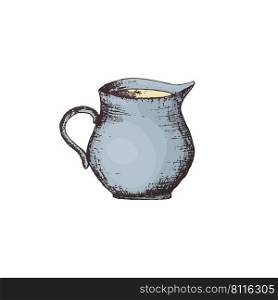 Vector illustration of a creamer for milk for tea or coffee drawn by hand. Cream jug in engraving style in color.