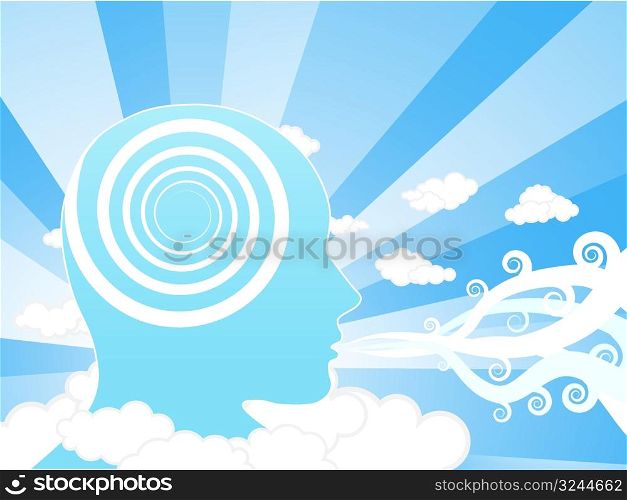 Vector illustration of a creative mind blowing winds in the sky. Education concept.