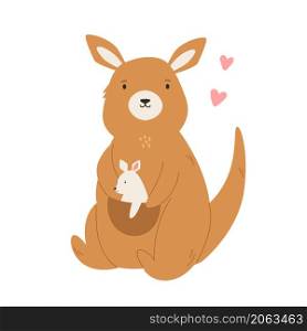 Vector illustration of a cute adult kangaroo with a baby in a pocket. Adorable australian animal in a trendy flat style. Vector illustration of a cute adult kangaroo with a baby in a pocket