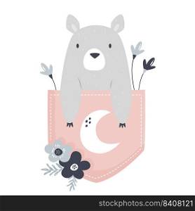 Vector illustration of a cute bear sitting in a little pocket. Adorable animal for prints, frame arts, wall designs. Vector illustration of a cute bear sitting in a little pocket