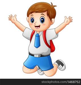 Vector illustration of a cute boy in a school uniform jumping