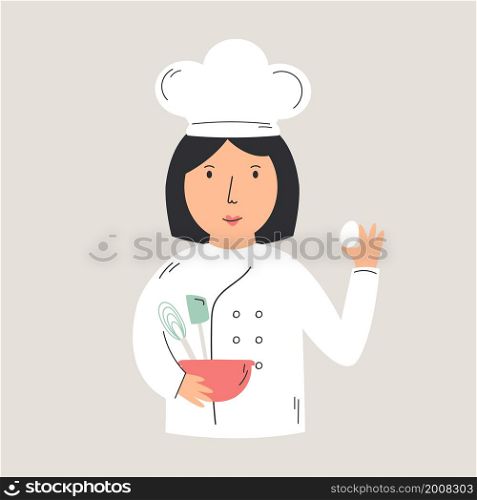 Vector illustration of a cute chef cook and kitchen utensils. Funny character design in a modern flat style. Vector illustration of a cute chef cook with kitchen utensils.