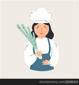 Vector illustration of a cute chef cook. Funny character design in a modern flat style. Vector illustration of a cute chef cook with vegetables