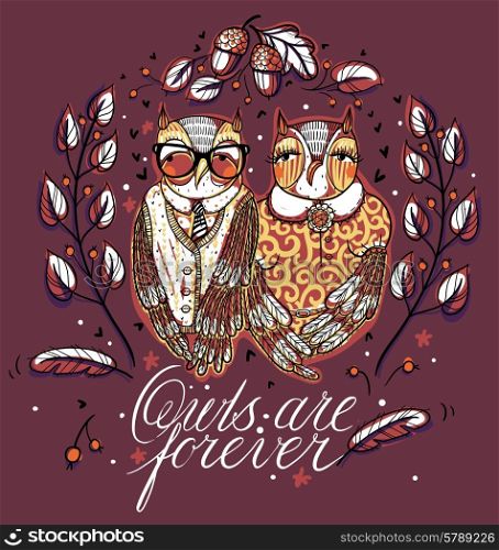 vector illustration of a cute couple of owls with leaves, feathers and hand lettering