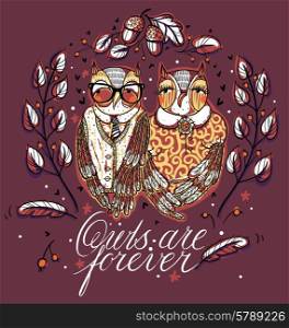 vector illustration of a cute couple of owls with leaves, feathers and hand lettering