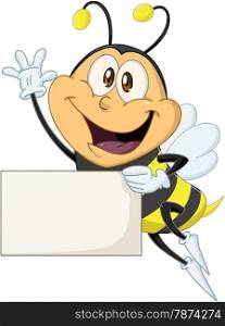Vector illustration of a cute flying bee holds sign and waves&#xA;