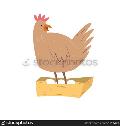 Vector illustration of a cute hen with eggs. Farm animal design. Vector illustration of a cute hen with eggs